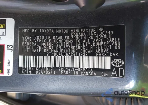 2010 Toyota Corolla S из США, поврежденный, VIN 2T1BU4EE6AC441938